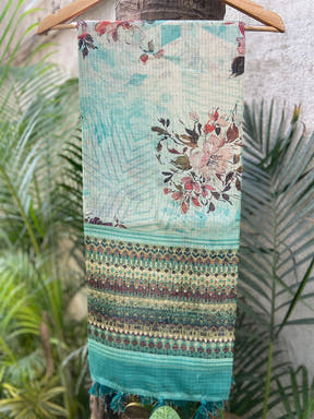 Turquoise Soft Kota Doriya Silk Saree With Flower Print