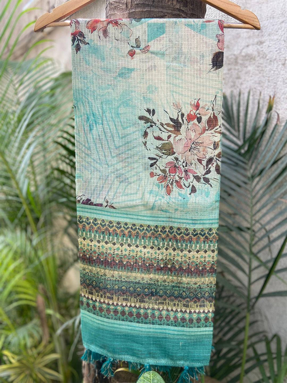 Turquoise Soft Kota Doriya Silk Saree With Flower Print