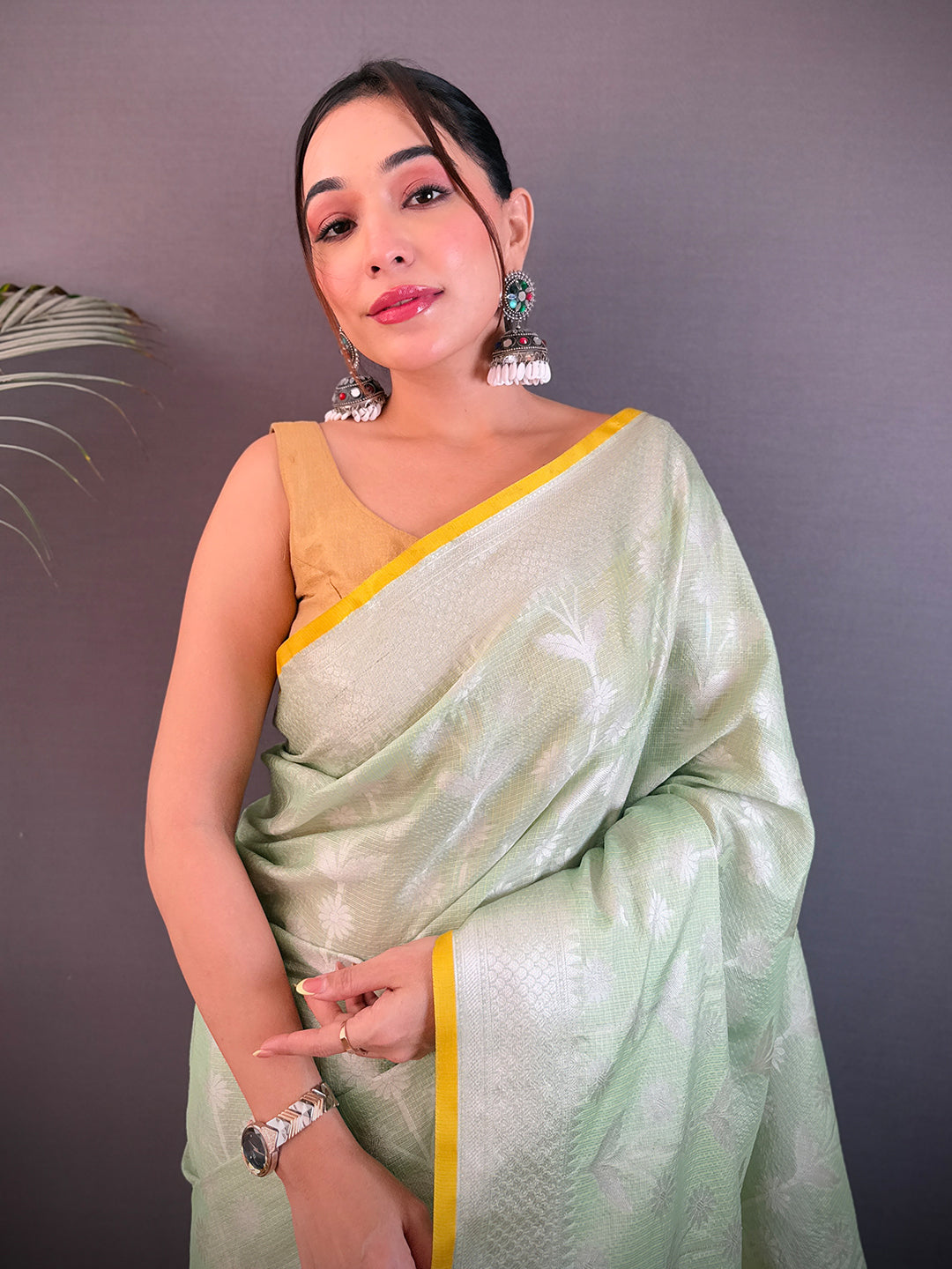 Pastel Green Kota Kora Meenakari Saree