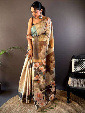 Dark Khaki Semi-Gold Zari Abstract Tussar Saree