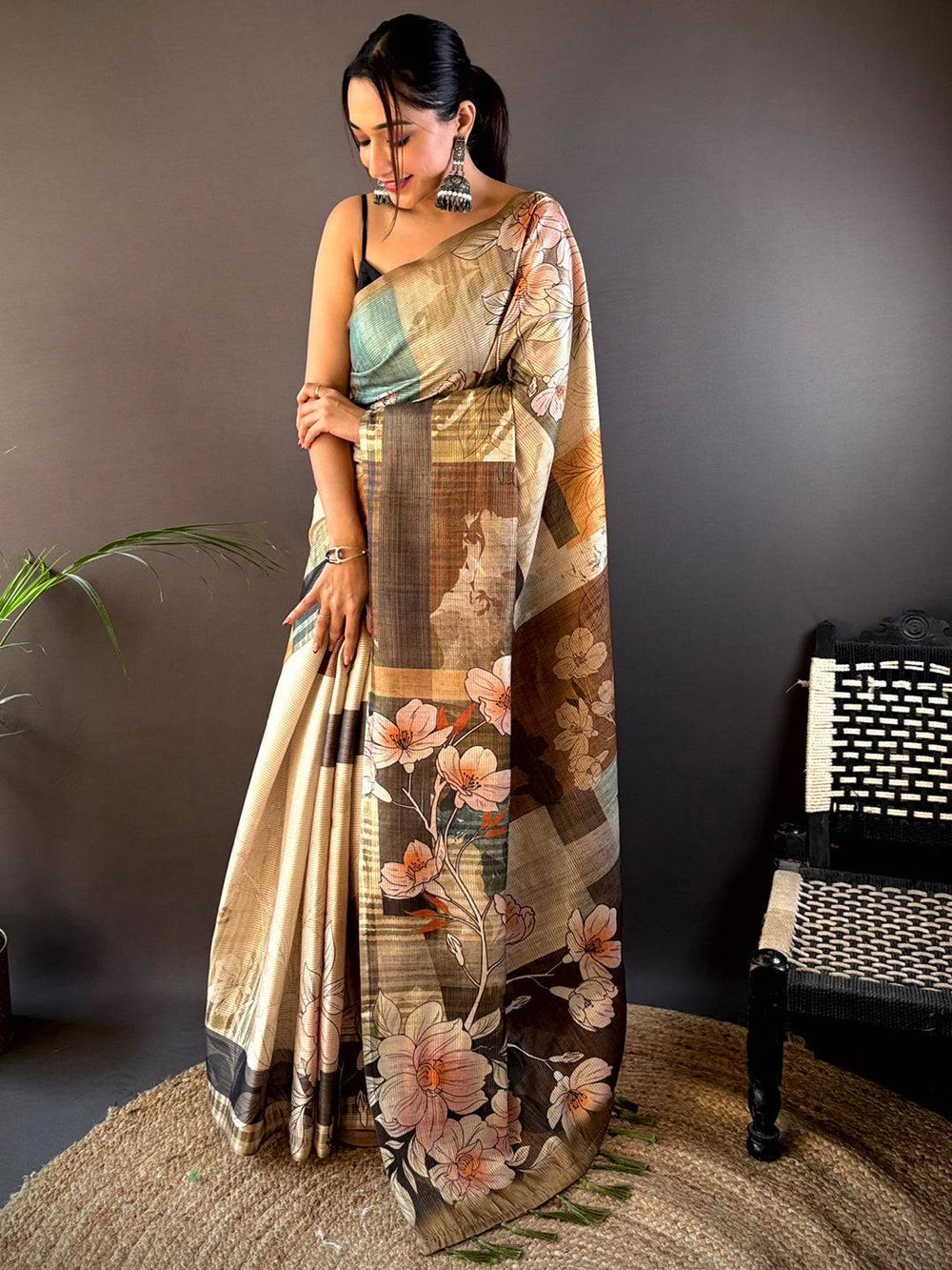 Dark Khaki Semi-Gold Zari Abstract Tussar Saree