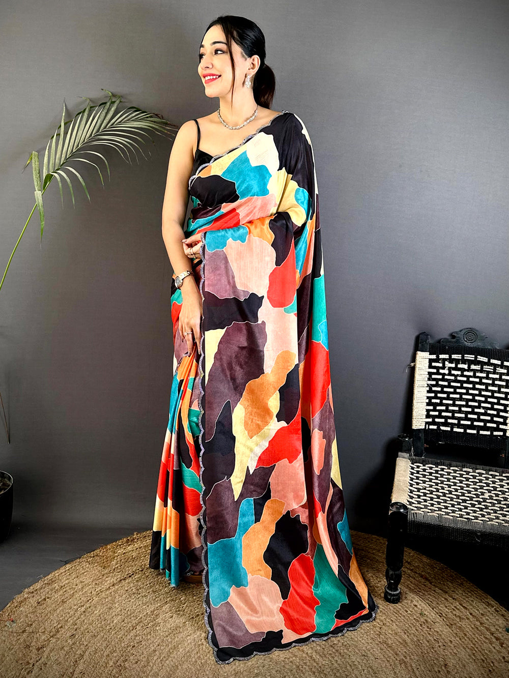 Opulent Freehand Abstract Chinnon Saree
