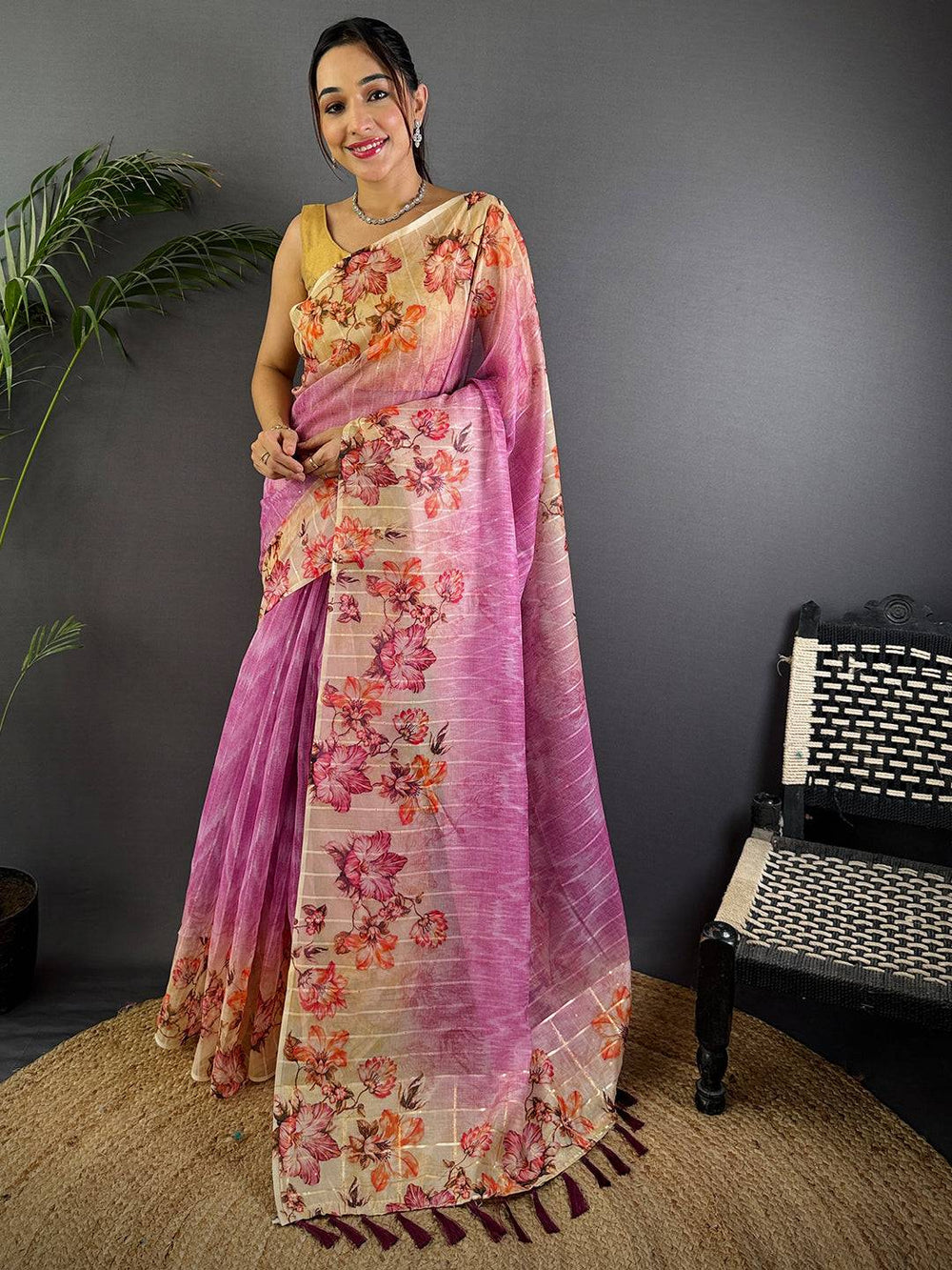 Rose Pink Soft Organza Digital Floral Saree
