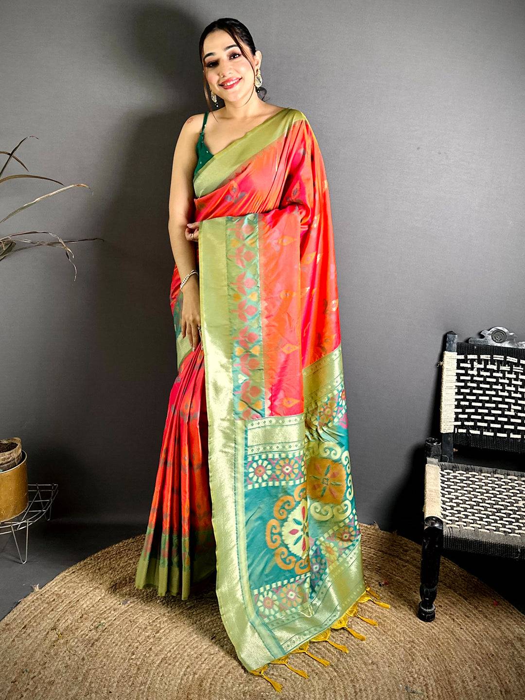 Coral Soft Silk Pochampally Ikkat Minakari Saree