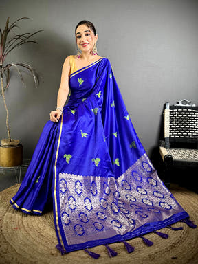 Soft Cherry Satin Minakari Bird Zari Saree