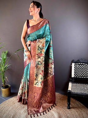 Teal Ombre Floral Digital Print Saree