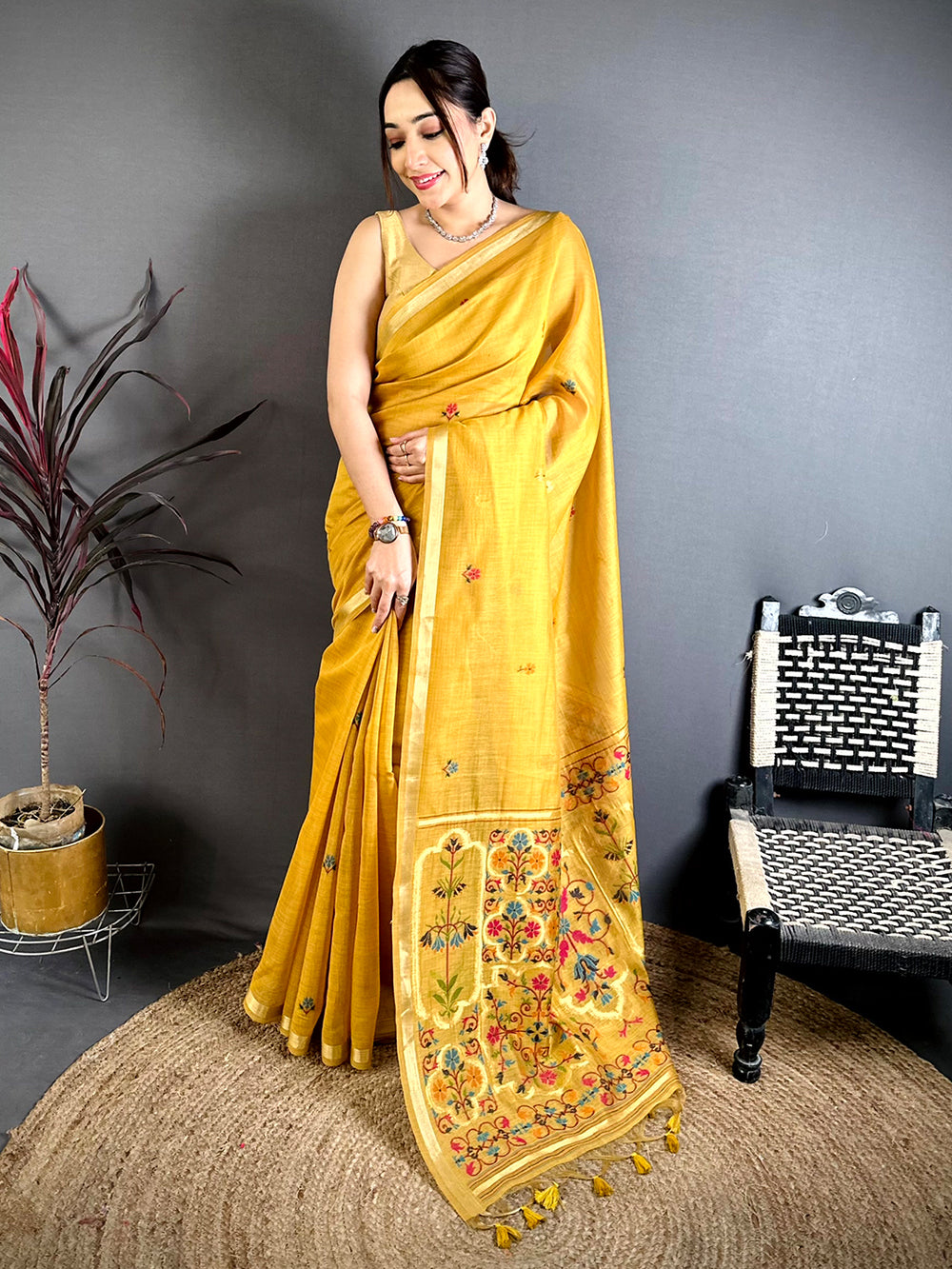 Mustard Minakari Khadi Cotton Saree


