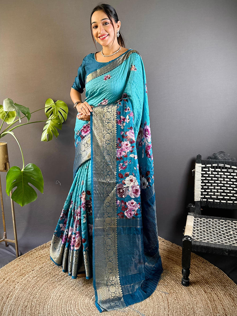 Turquoise Floral Zari Chex Saree