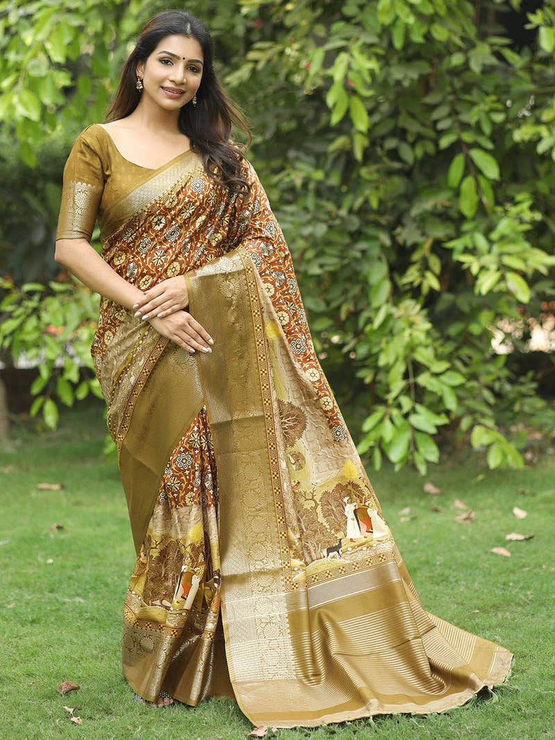 Brown Ajrakh Block & Hand Kalamkari Printed Viscose Dola Silk Saree - Luxe