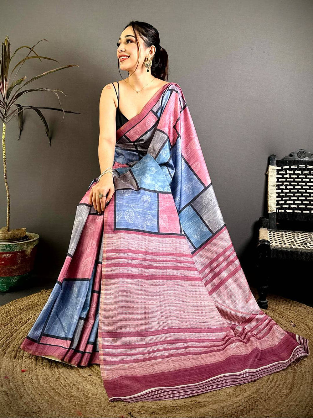 Multicolour Block Ghicha Print Tussar Saree