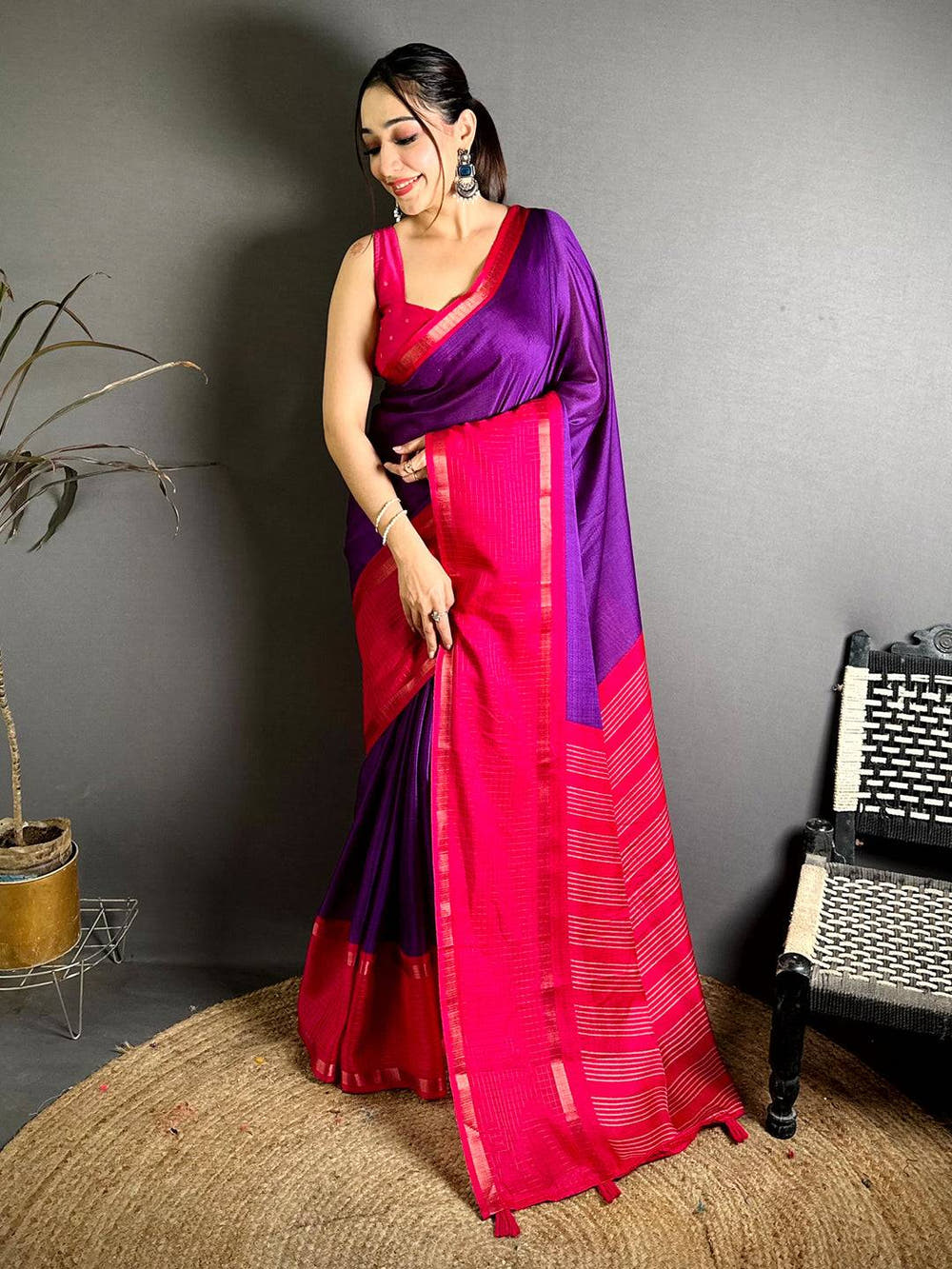 Purple Soft Kota Crepe Contrast Border Saree