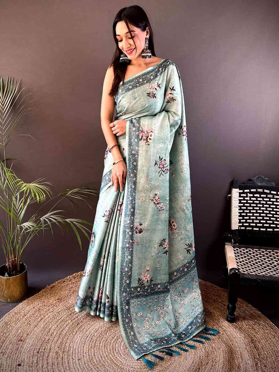 Pastel Green Zari Tussar Floral Print Saree