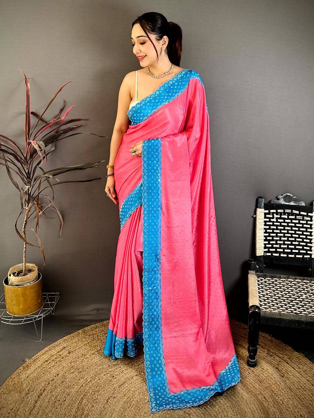 Pink Poly Chiffon Diamond Stone Work Saree