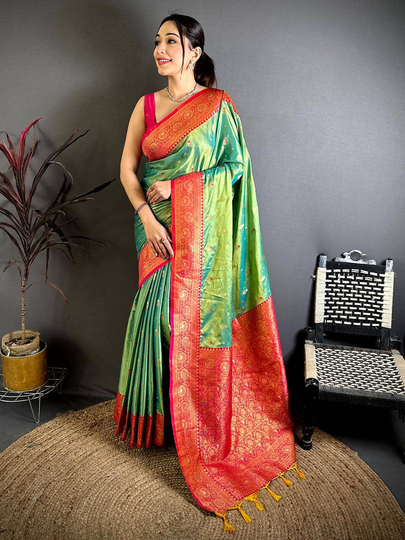 Green Minakari Butti Zari Tissue Saree With Maggam Blouse