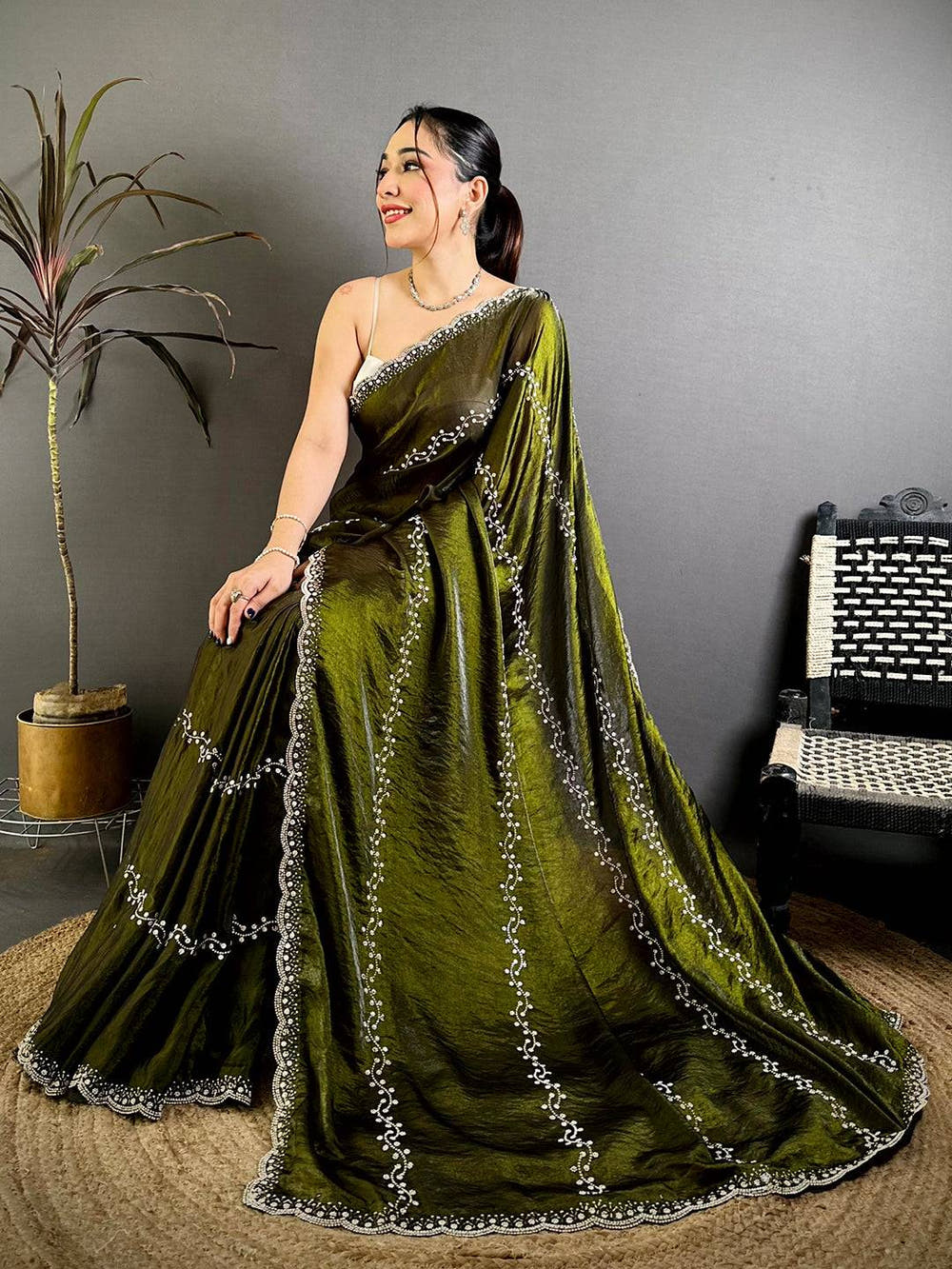 Classic Heavy Pearl Work Satin Zari Saree