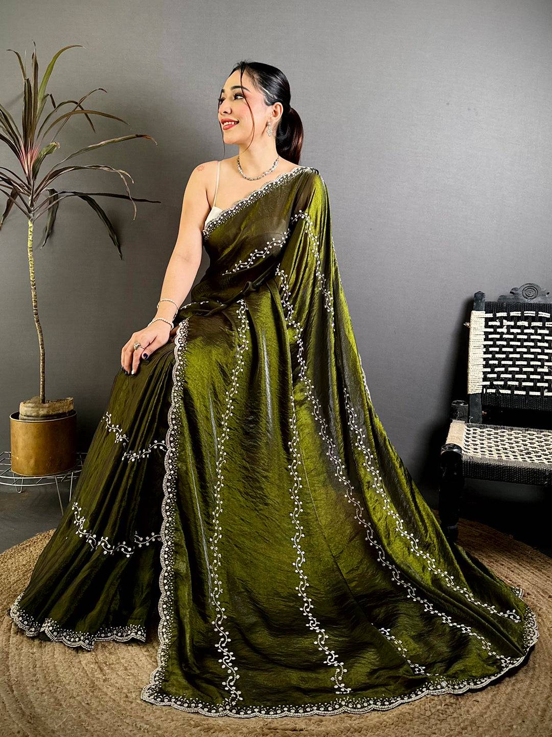 Classic Heavy Pearl Work Satin Zari Saree