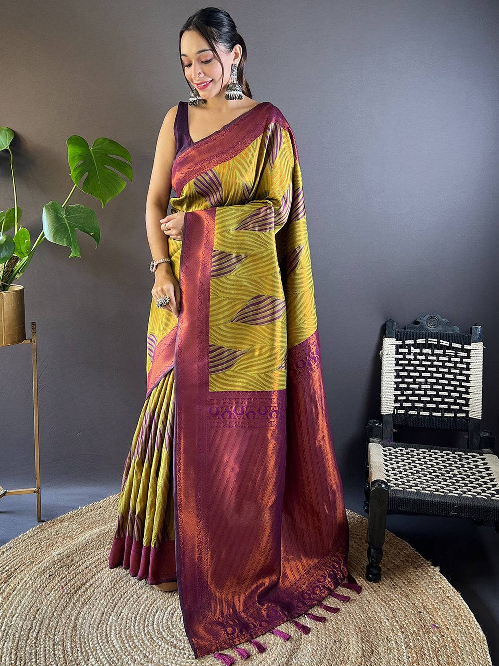 Full view of green tussar silk ikkat saree with intricate patterns