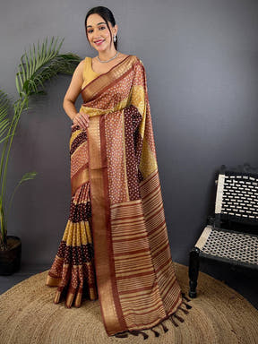 Brown Soft Dola Bandhej Print Saree