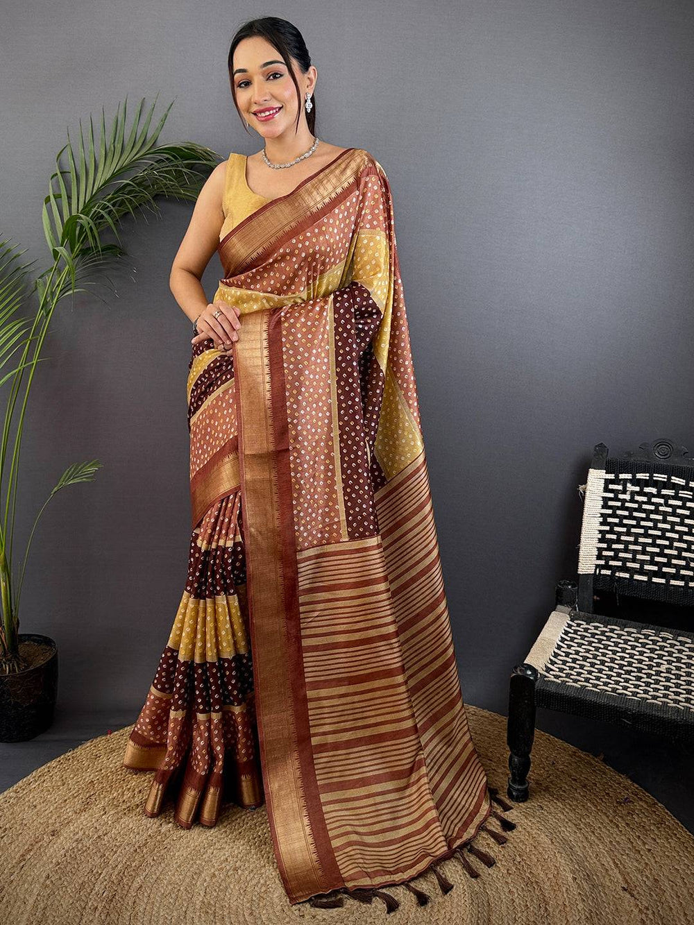 Brown Soft Dola Bandhej Print Saree