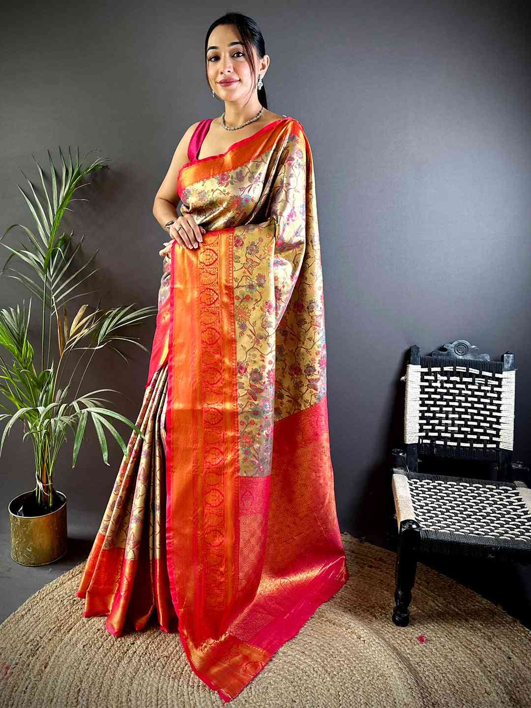 Elegant Red Butterfly Floral Dharmavaram Saree
