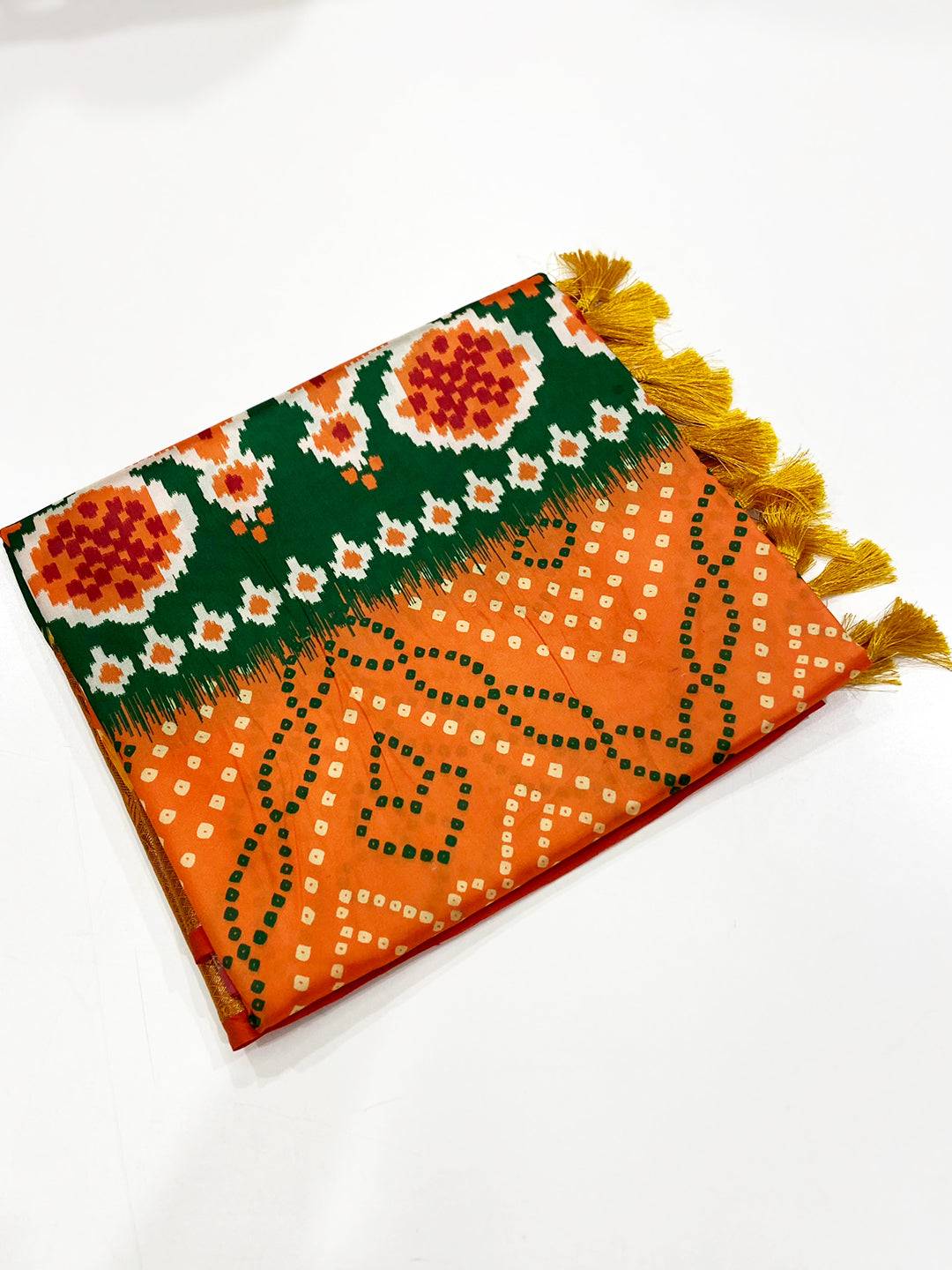 Bright Orange Bandhej Printed Banarasi Saree