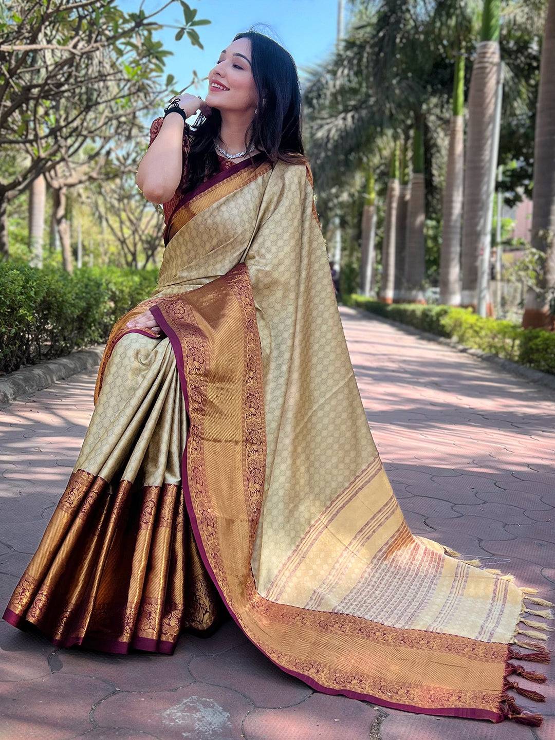 Gold Colour Kanjivaram Aura Soft Silk Saree With Broced Zari Blouse