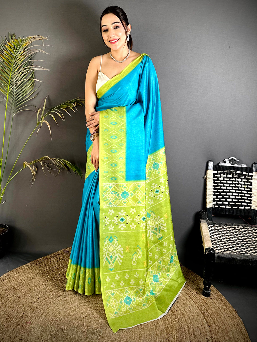 Sky Blue Soft Tussar Silk Ikkat Saree