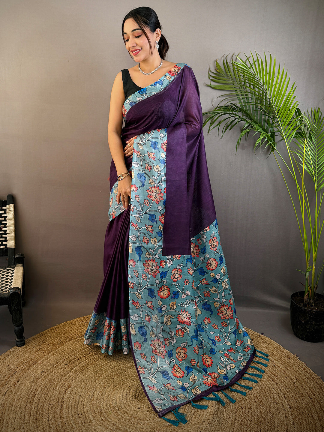 Purple Linen Kalamkari Print Saree
