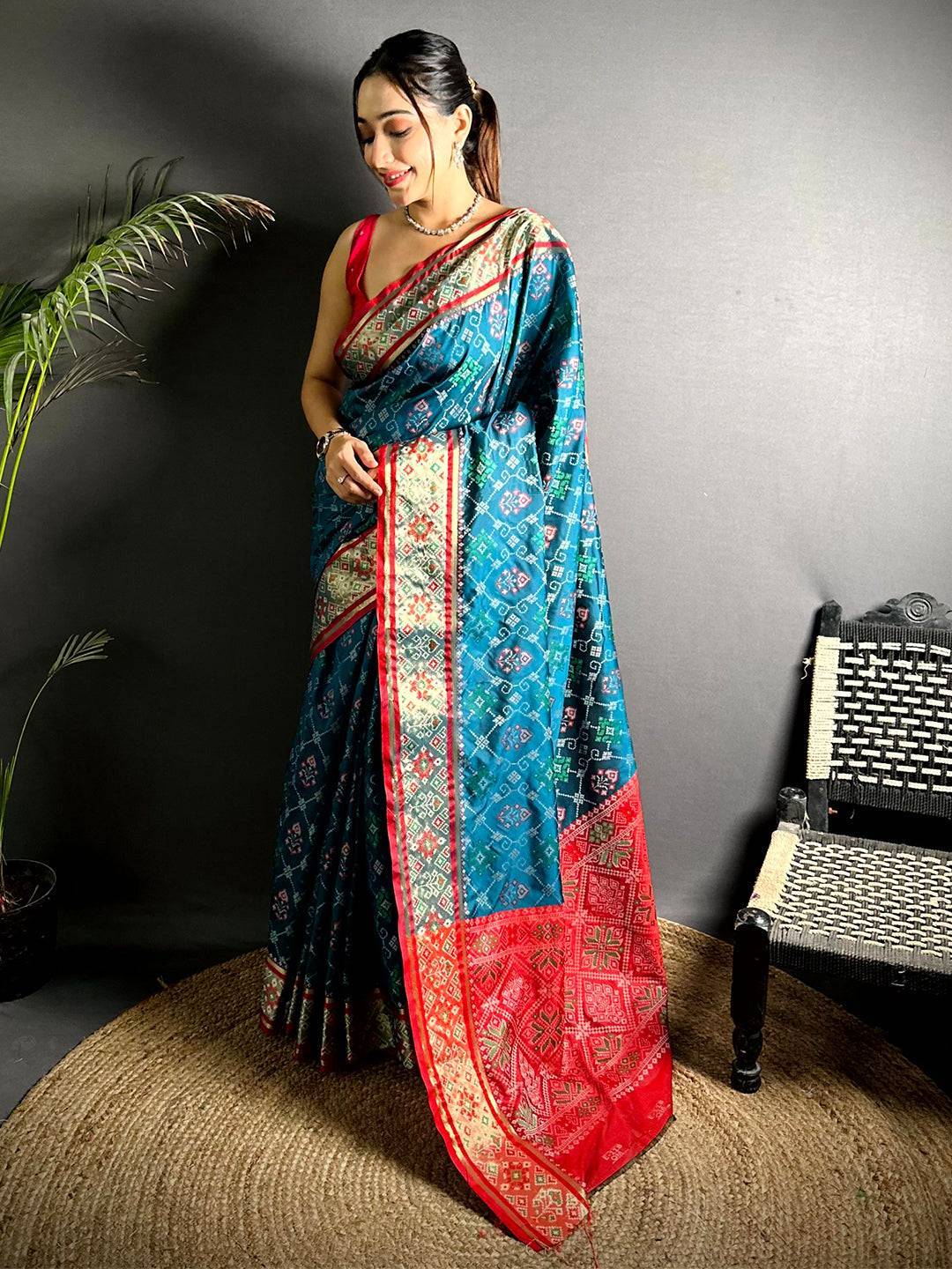 Denim Blue Pochampally Patola Soft Silk Saree

