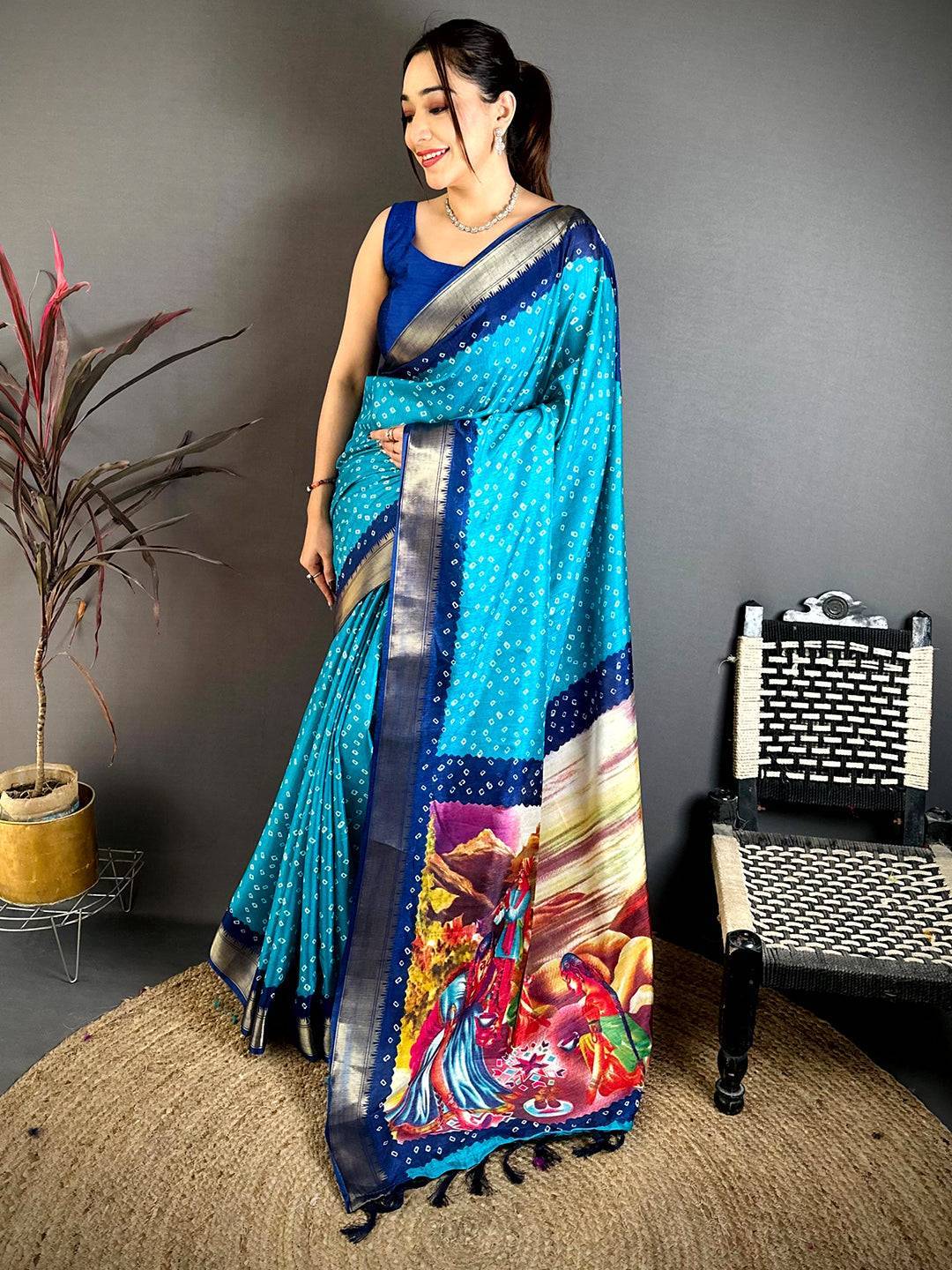 Aqua Bandhej Fusion Dola Print Saree