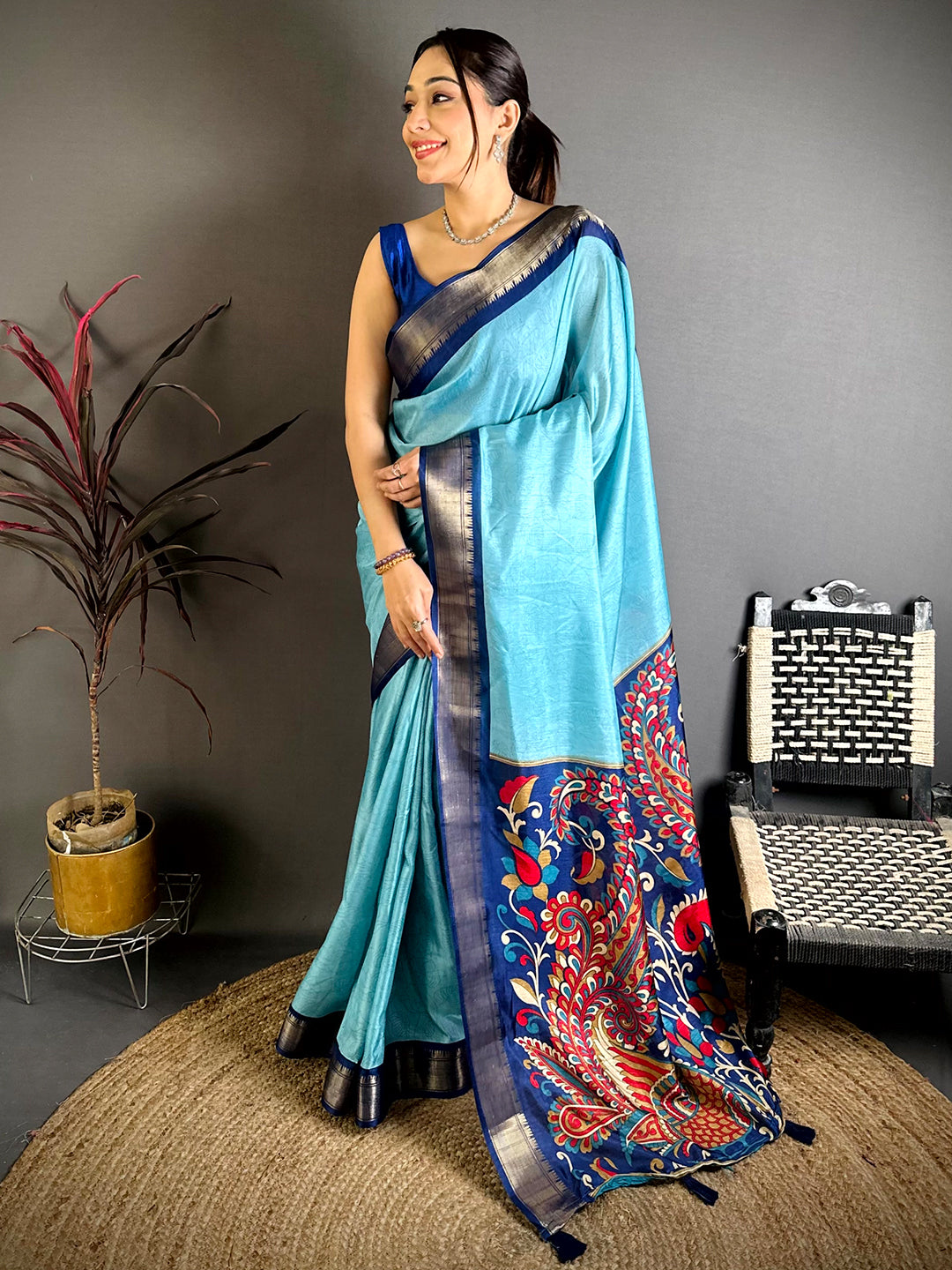 Aqua Kalamkari Pallu Dola Saree