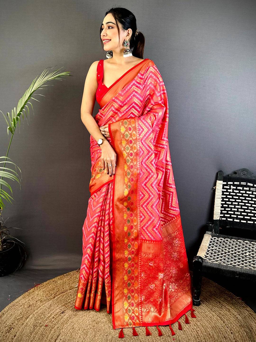 Pink Banarasi Zic Zac Katan Silk Saree

