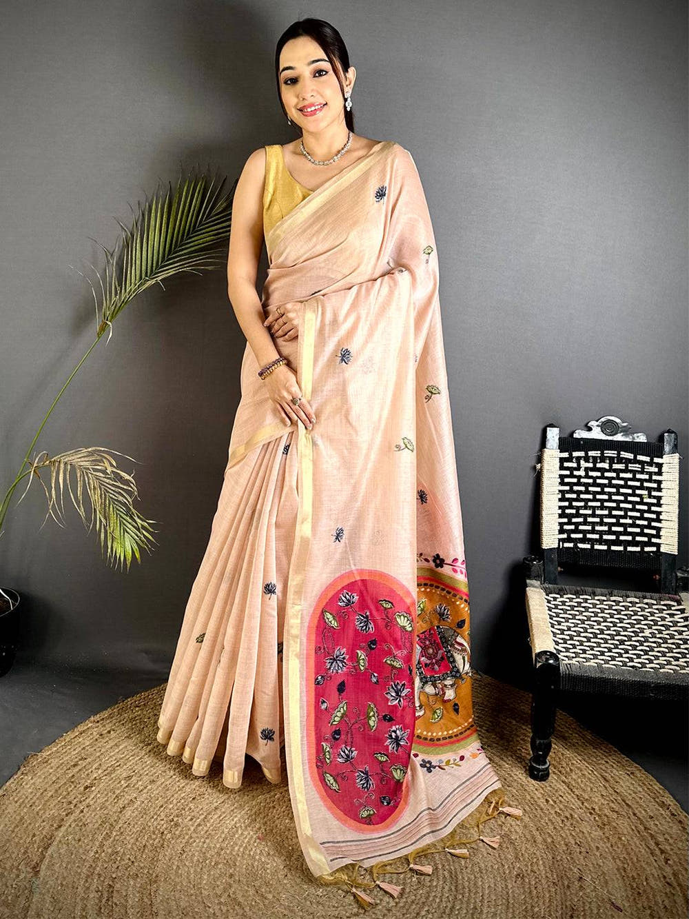 Heritage Pichwai Resham Work Linen Saree


