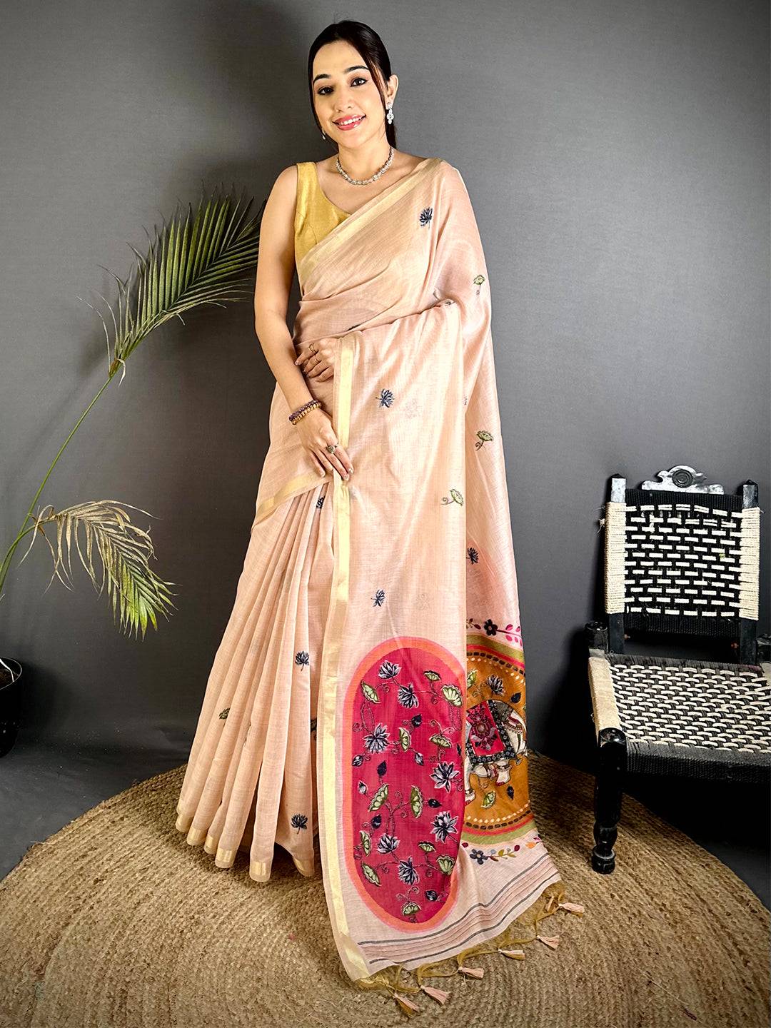 Heritage Pichwai Resham Work Linen Saree


