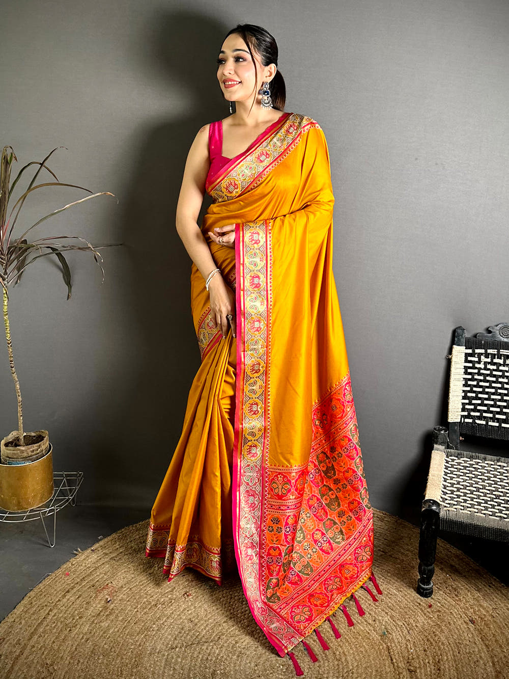 Yellow Soft Silk Pochampally Ikkat Minakari Saree