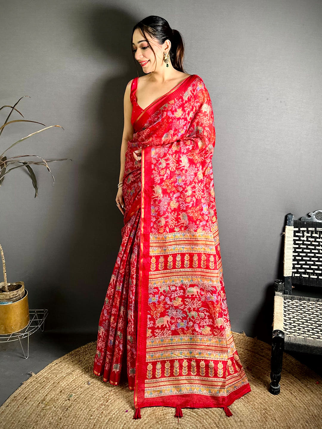 Red Kota Doriya Kalamkari Print Saree