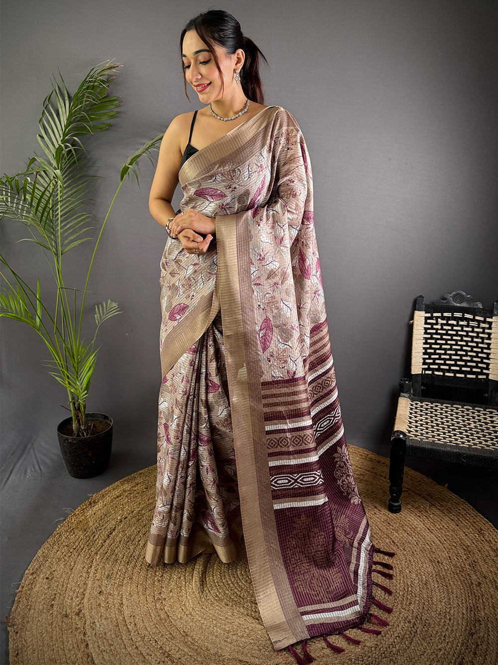 Taupe Tussar Chex Floral Print Saree