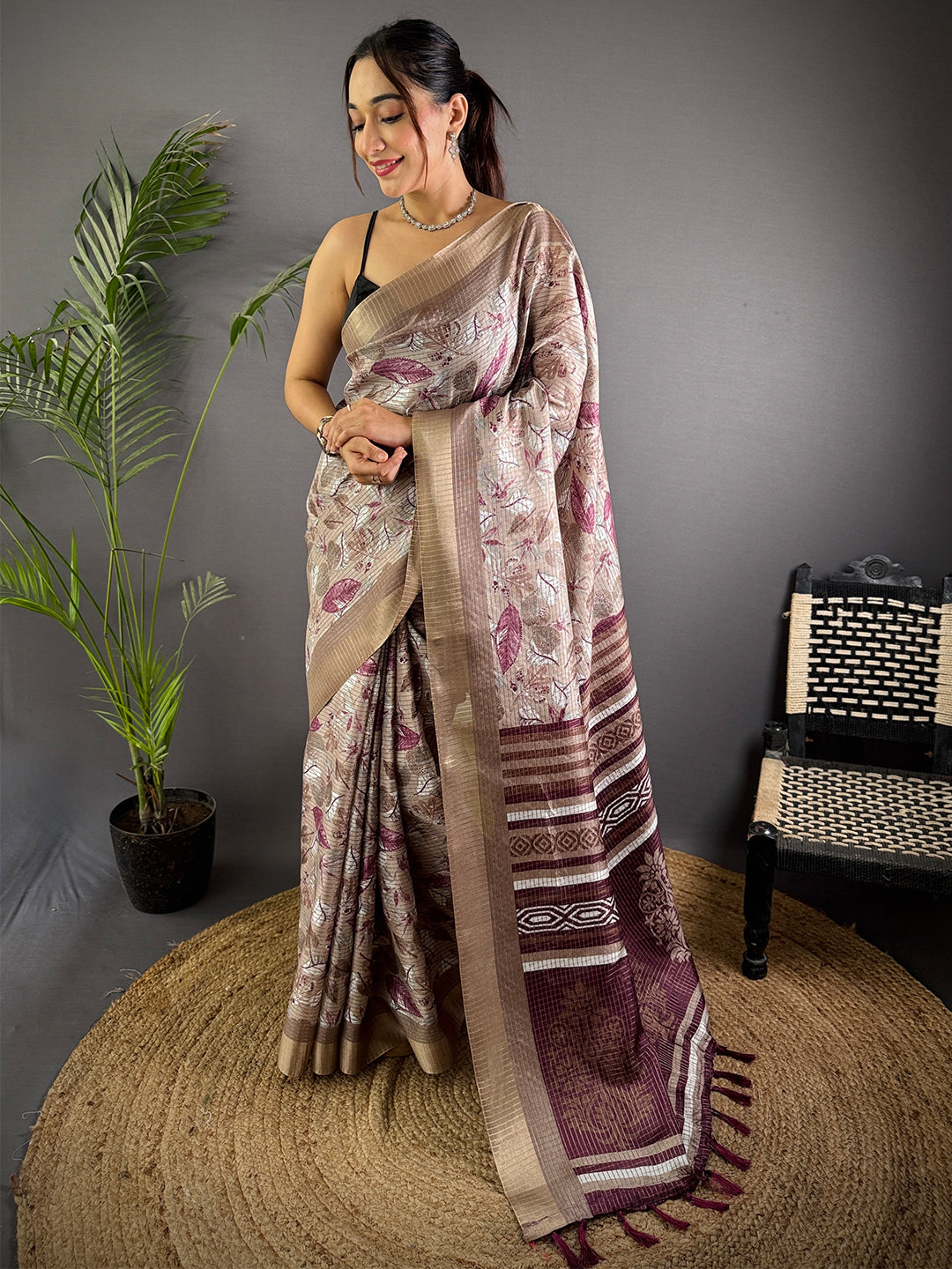 Taupe Tussar Chex Floral Print Saree
