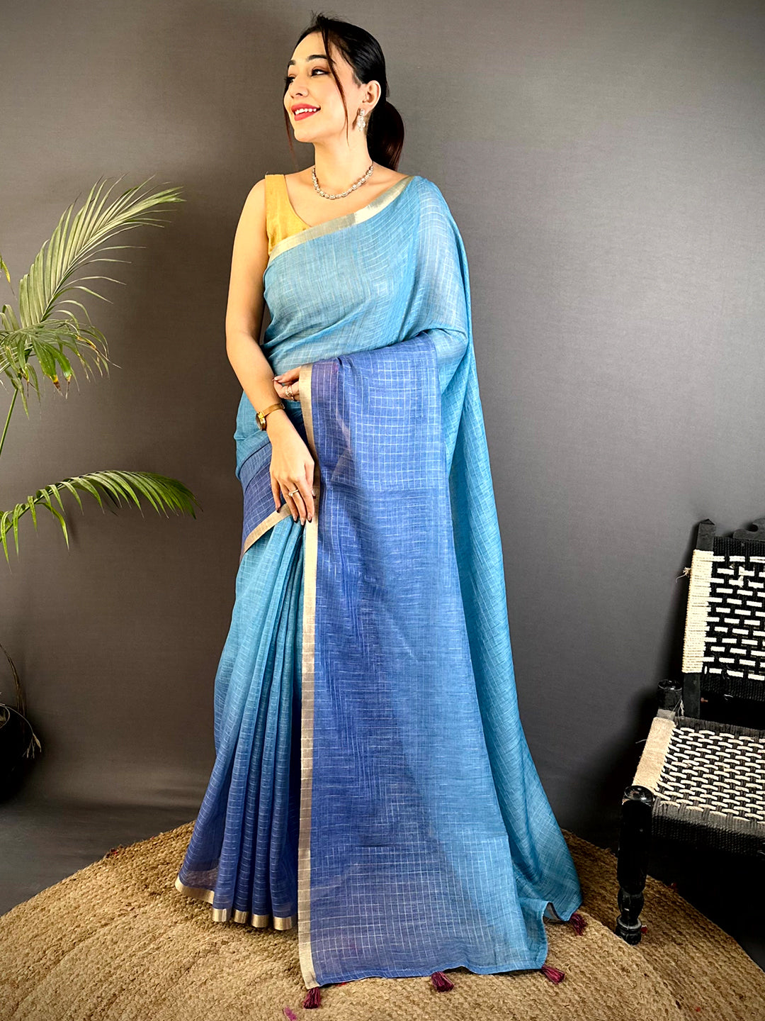 Radiant Self Chex Linen Zari Saree