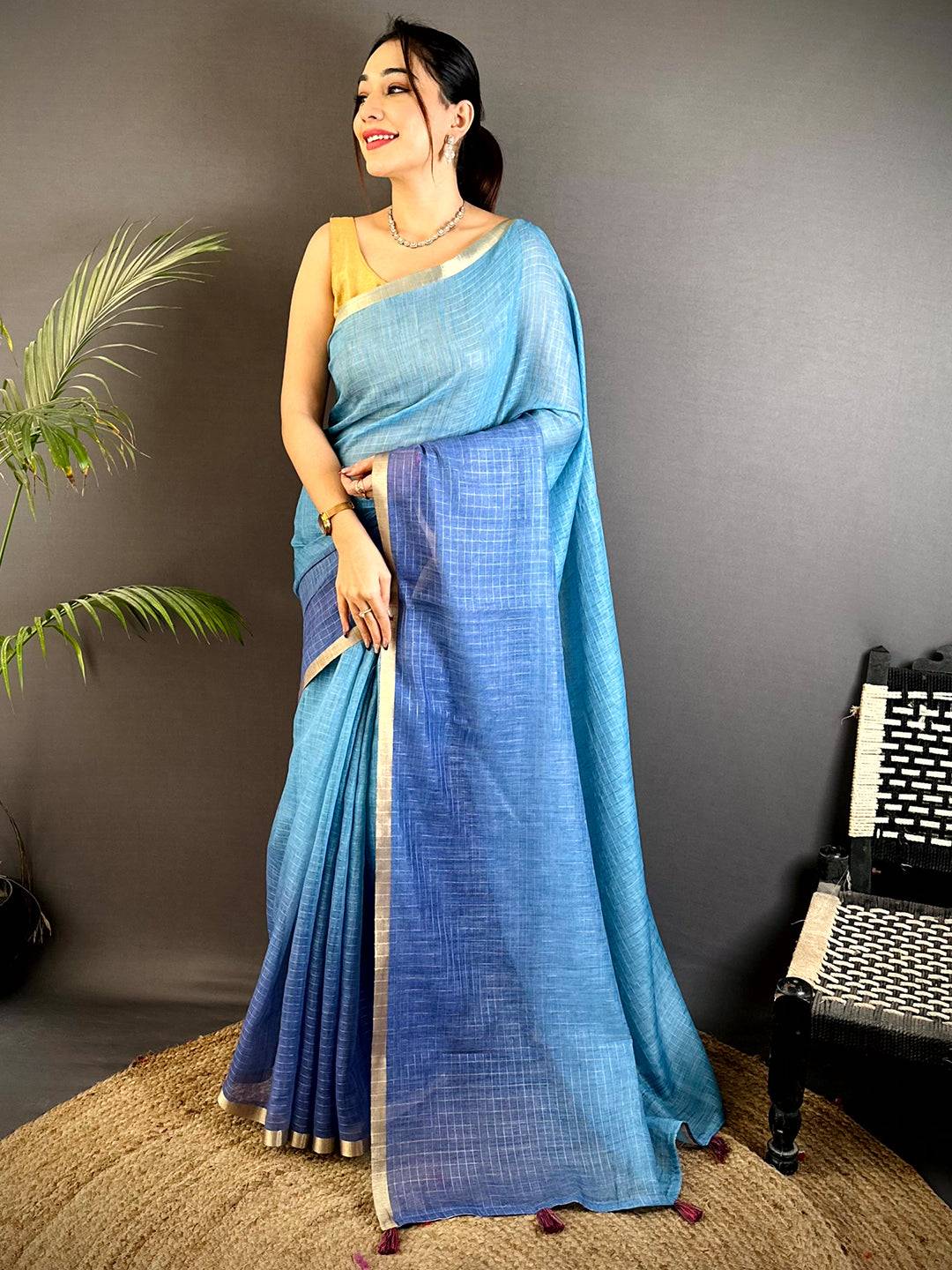 Radiant Self Chex Linen Zari Saree