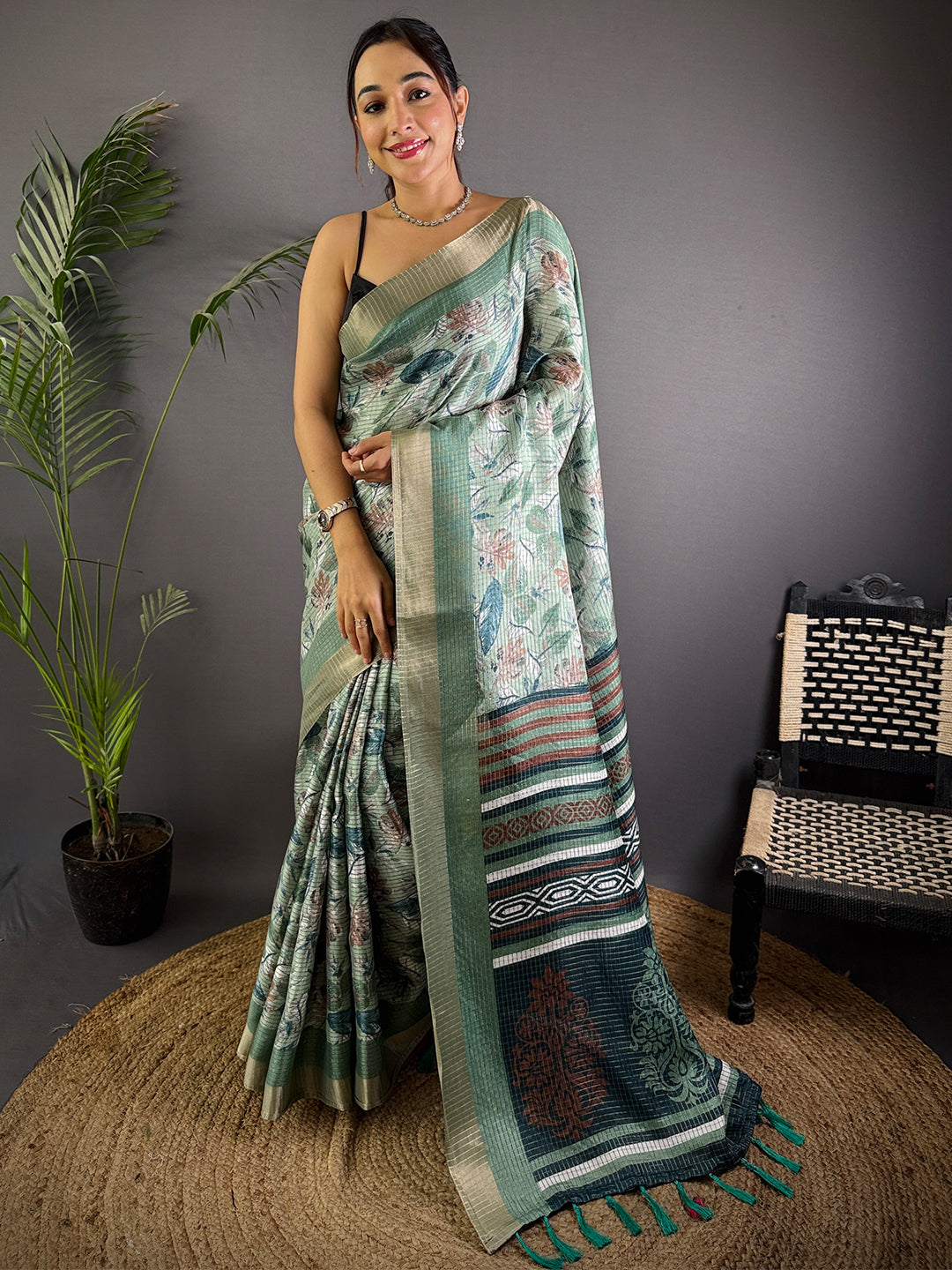 Green Tussar Chex Floral Print Saree