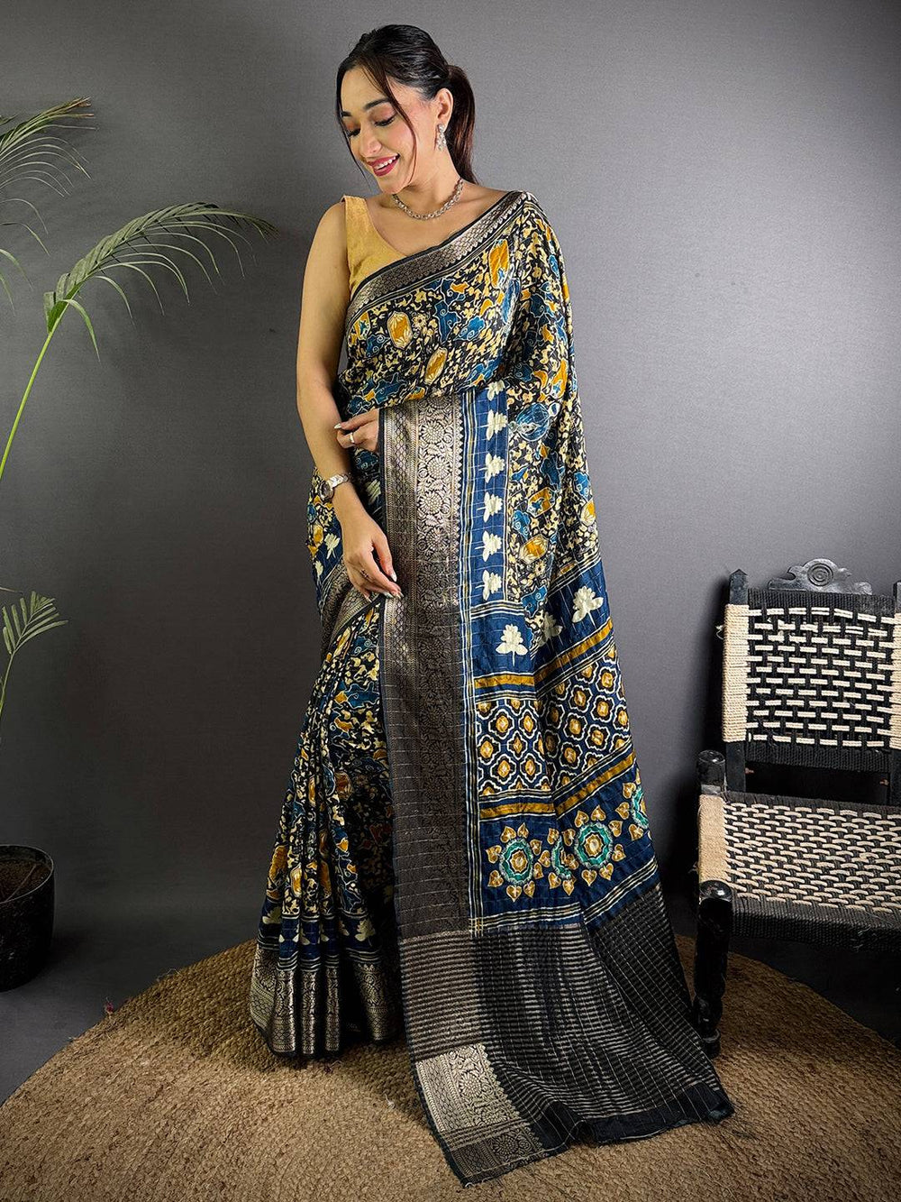 Ink Blue Ajrak Print Viscose Saree