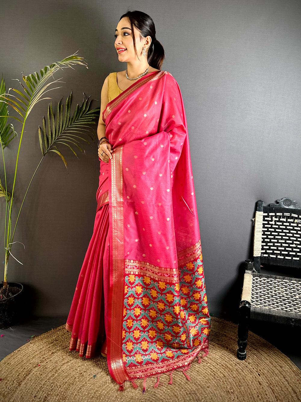 Gajri Minakari Paithani Raw Silk Saree