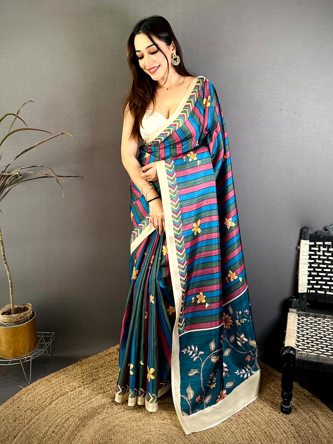Elegant Tussar Striped Floral Print Saree