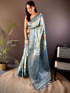 Pastel Blue Bamboo Silk Floral Saree