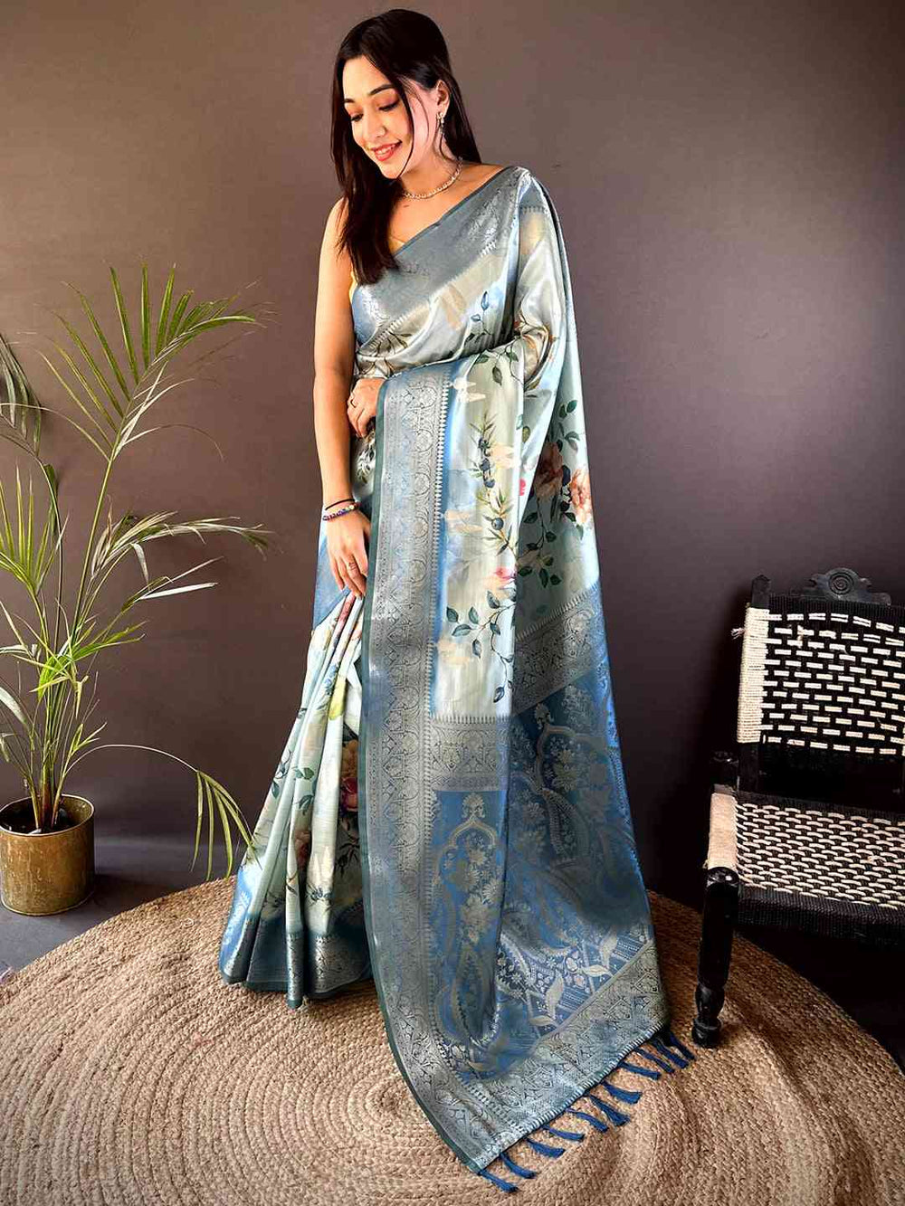 Pastel Blue Bamboo Silk Floral Saree