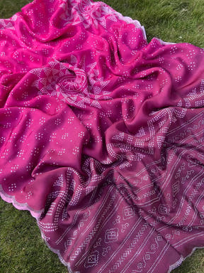 Georgette Silk Saree with Ombre Bandhej Print & Stone Work