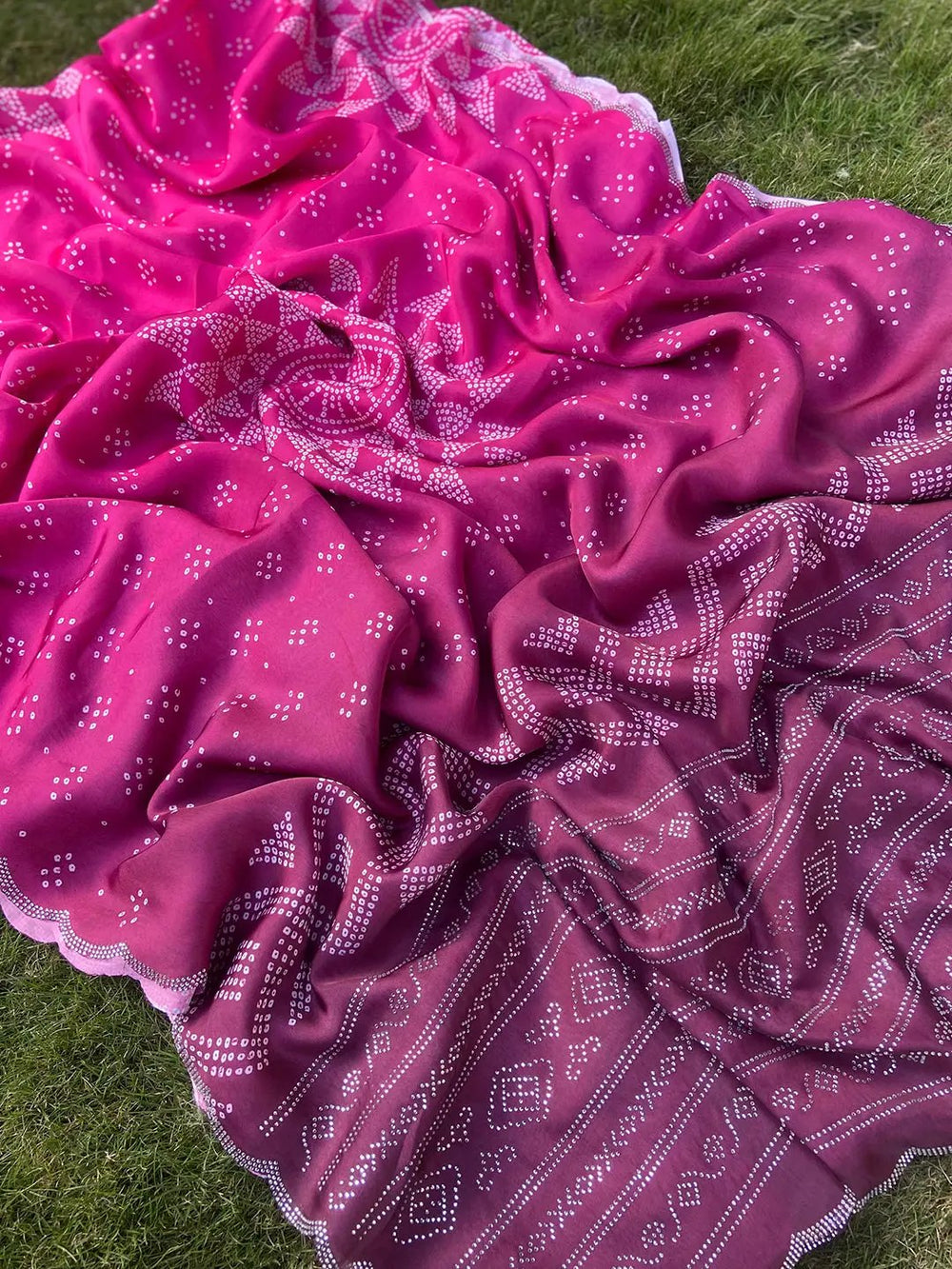Georgette Silk Saree with Ombre Bandhej Print & Stone Work