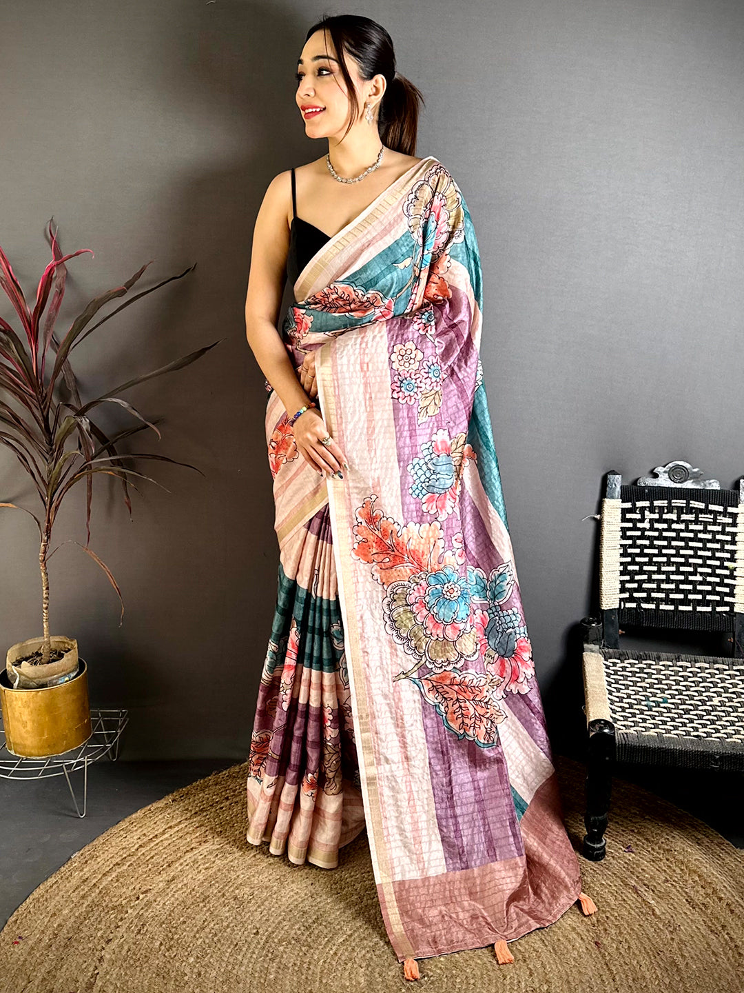 Vibrant Tussar Ghicha Floral Saree