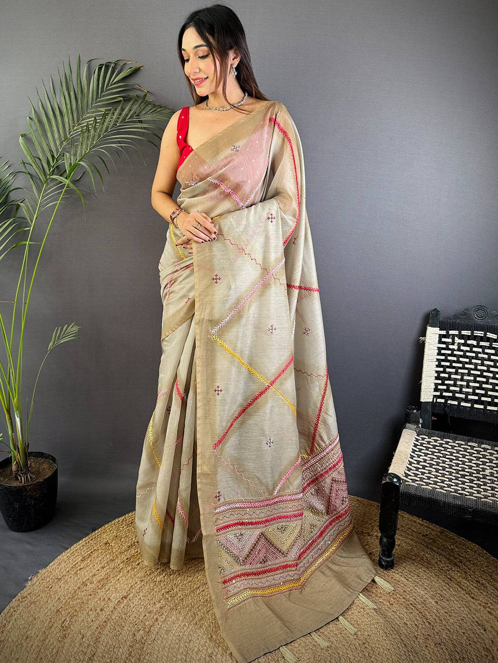 Pure Katha Stitch Tussar Silk Saree